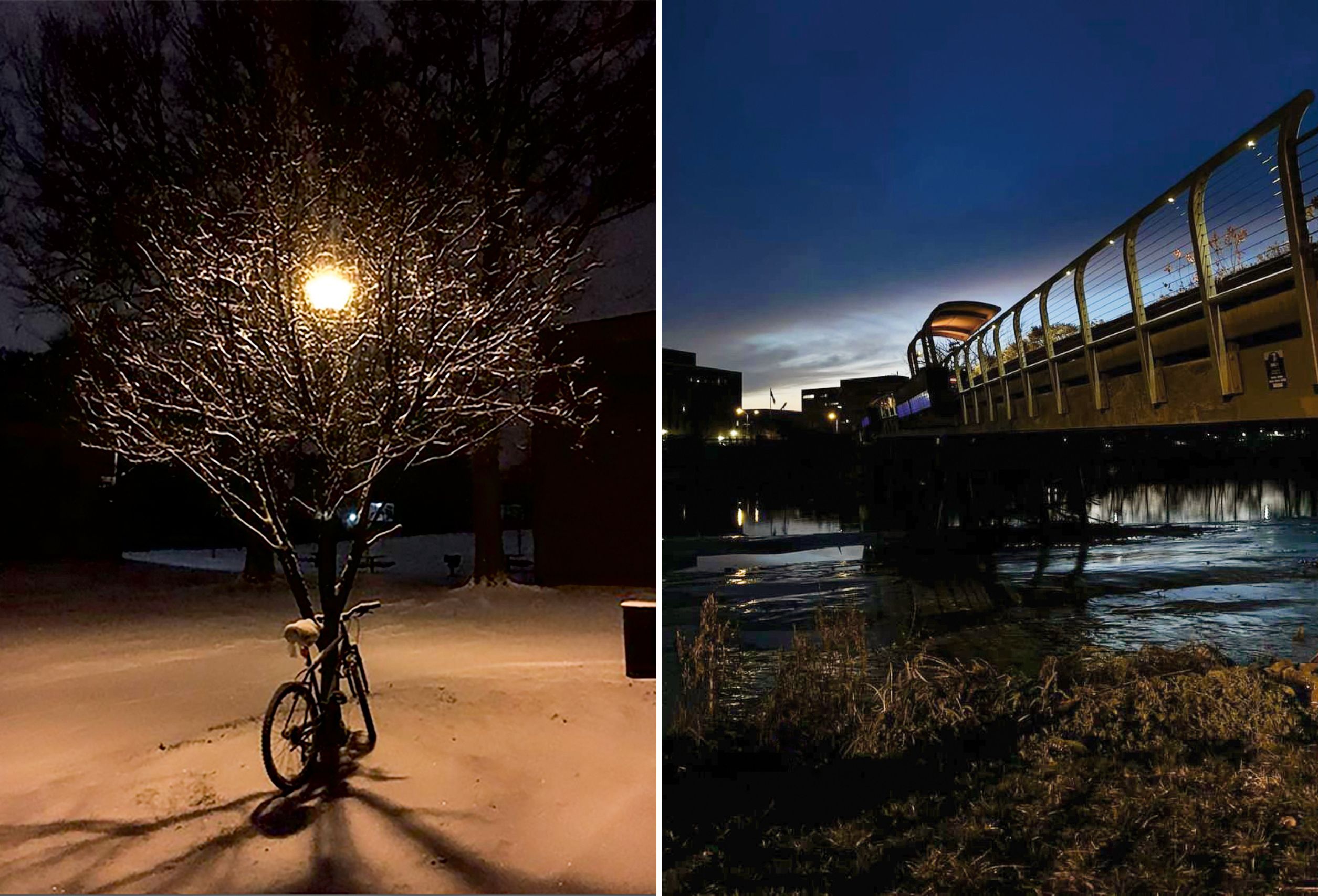 A collage of two photos. On the left, a bicycle leans against a bare tree on a snowy night. On the right, the footbridge across a river as night falls.