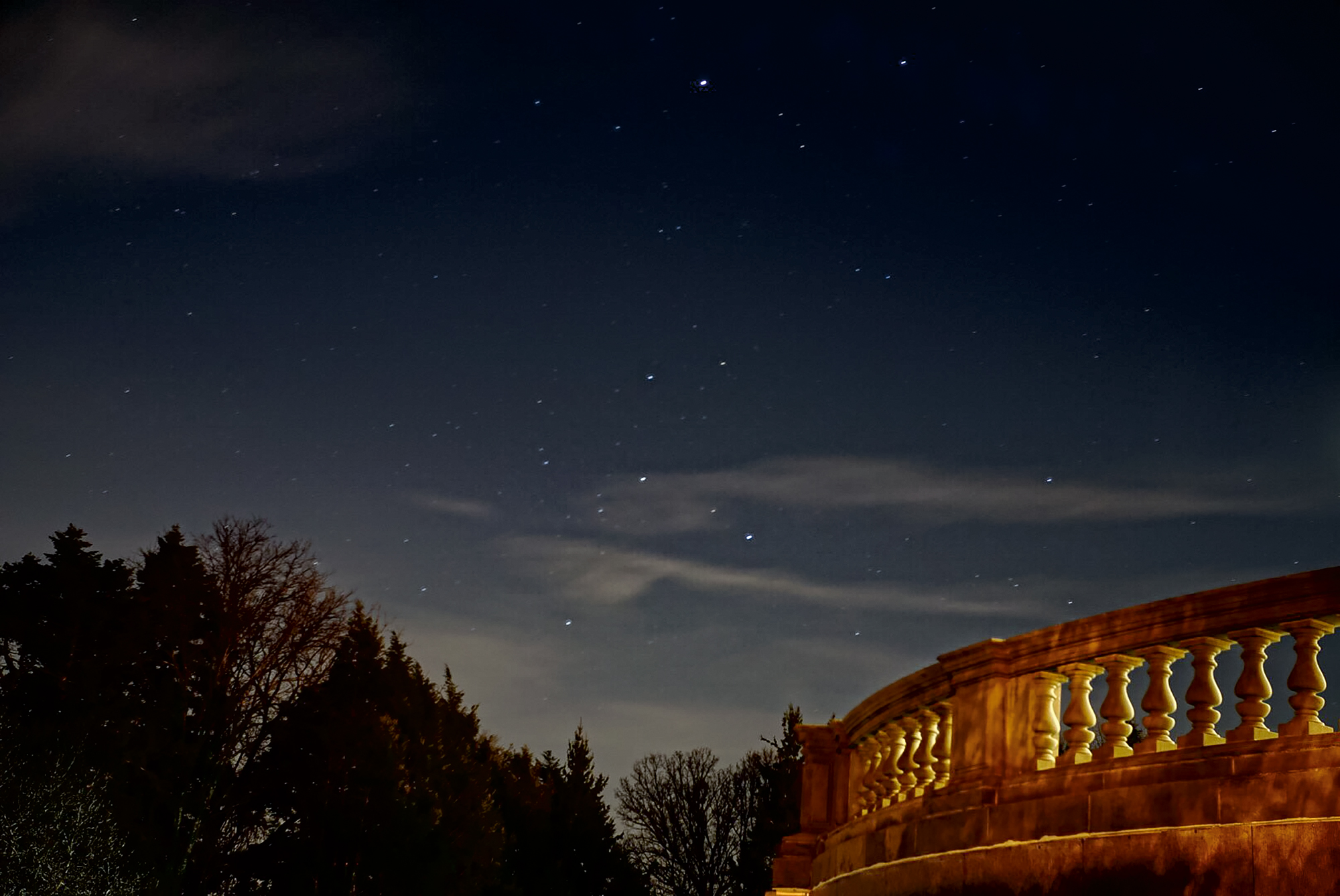 A starry night sky over Hennessy Hall at the Florham Campus.