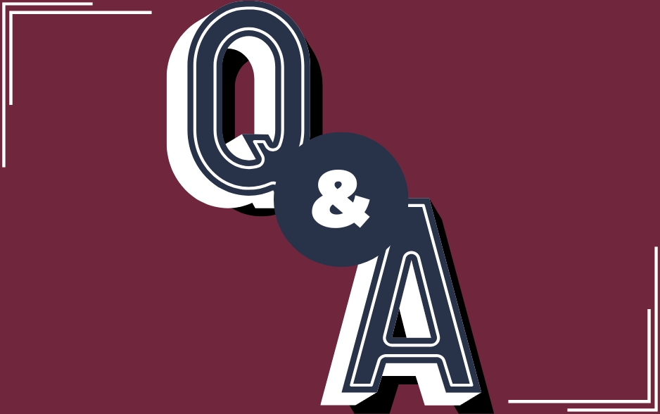 a burgundy and blue graphic for a "Q and A"