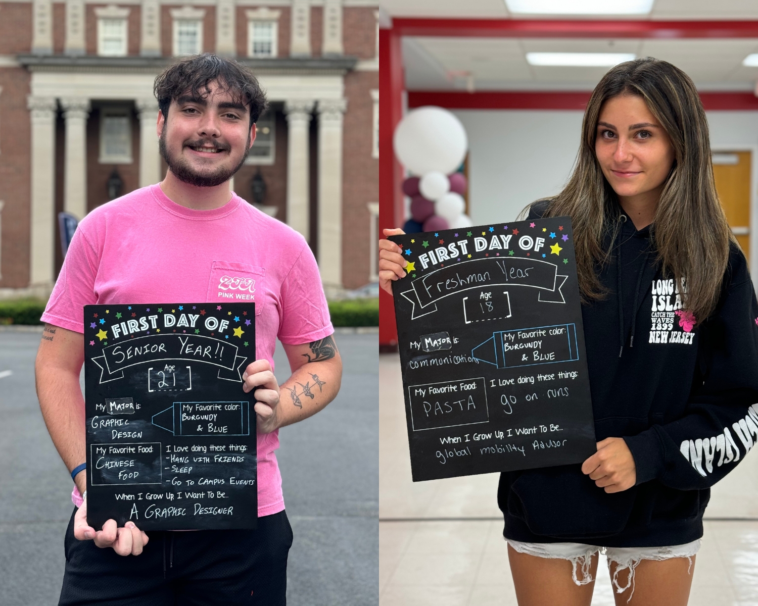 a collage of two students. they hold chalkboards that read "first day of senior year" and "first day of freshman year"