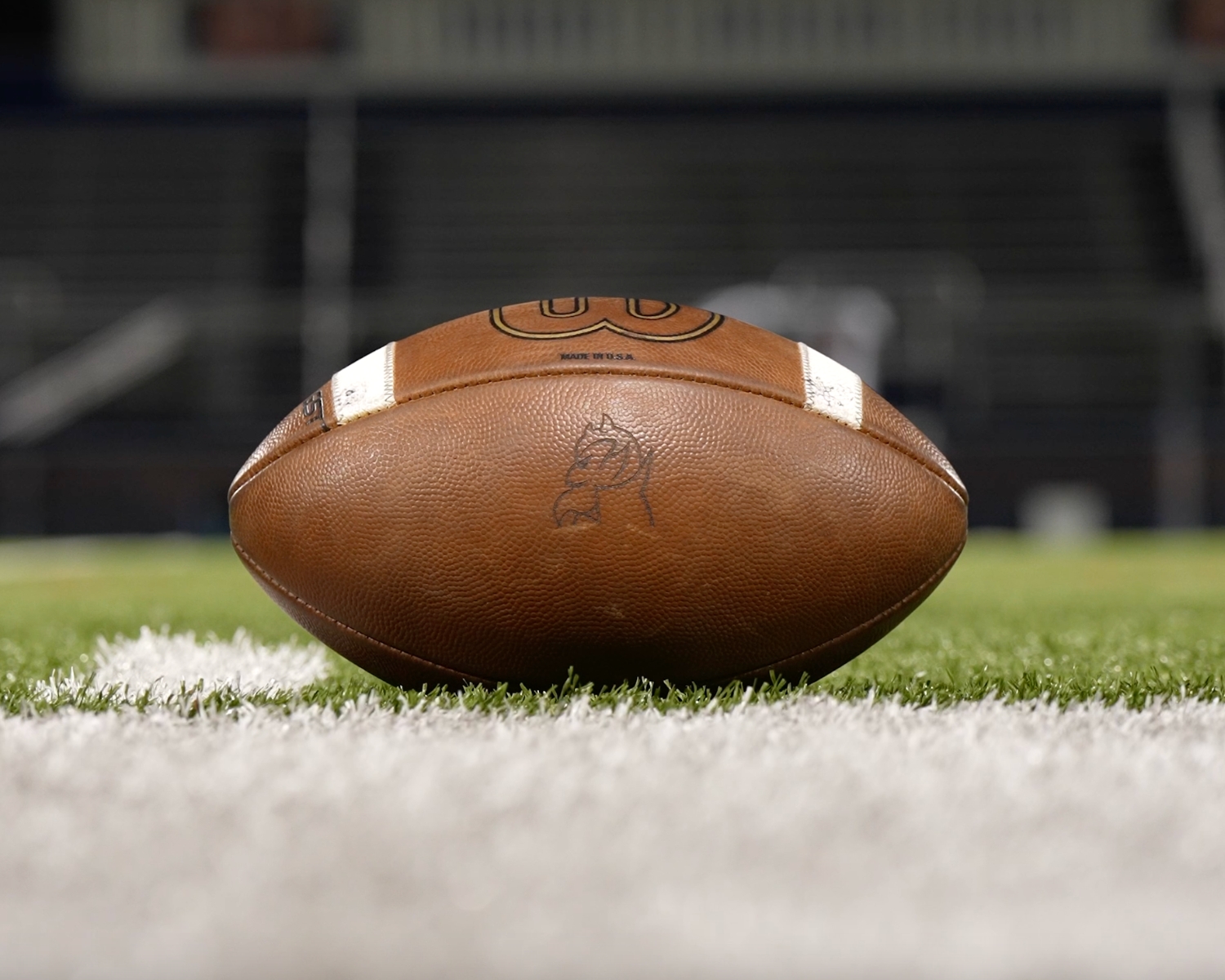 a close-up of a football on a field. it has the FDU Devils logo on it.