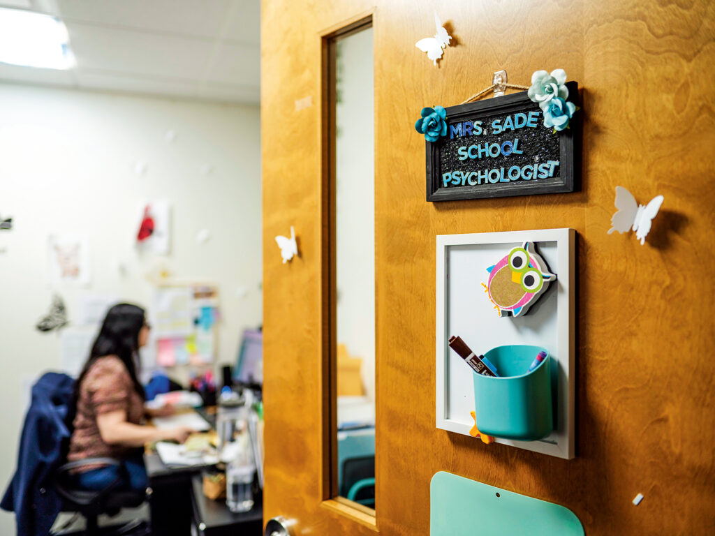 A decorated office door.