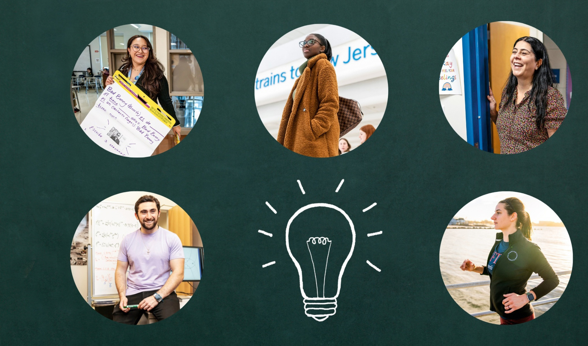 A collage of five alumni on a chalkboard background with a drawing of a bright light bulb.