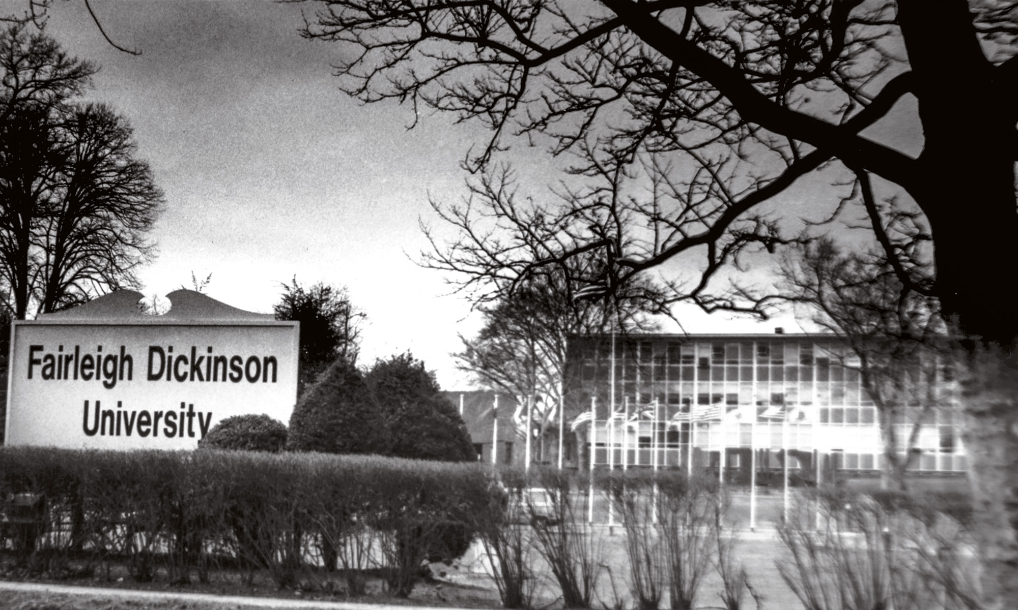 A black and white vintage postcard shows the campus circa the late 1950s, early 1960s.