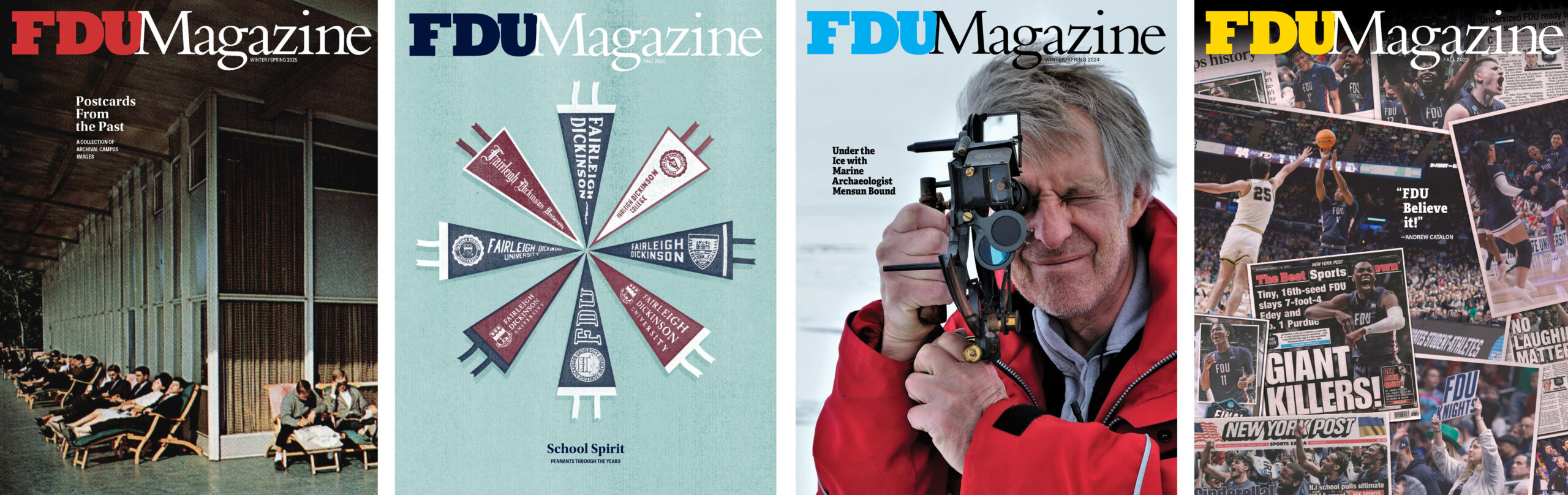 A collage of the four most recent FDU Magazine covers.