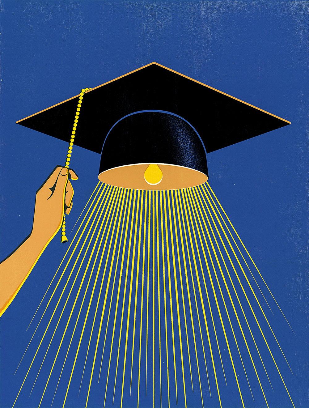 An illustration of a hand pulling the chain on a lamp to illuminate it. The lamp is in the shape of a graduation cap.