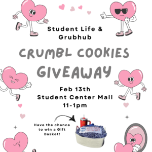 graphic depicting cartoon hearts and a gift basket. graphic reads "crumbl cookies giveaway."