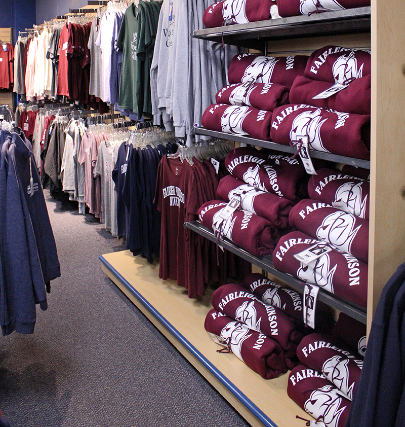 A wall of apparel at the bookstore.