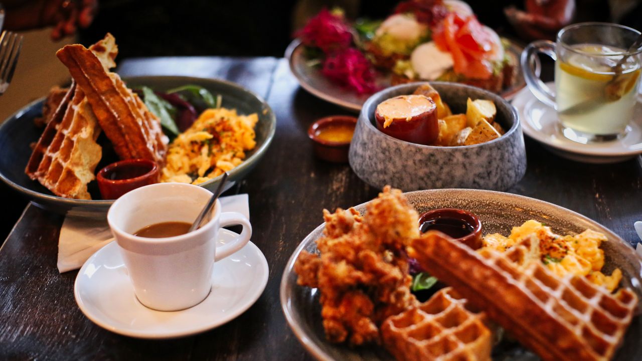 an assortment of brunch items on a table.