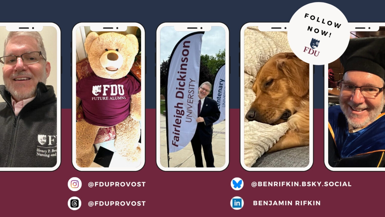 a graphic that reads "follow now!" with photos from Provost Ben Rifkin's social media channels.