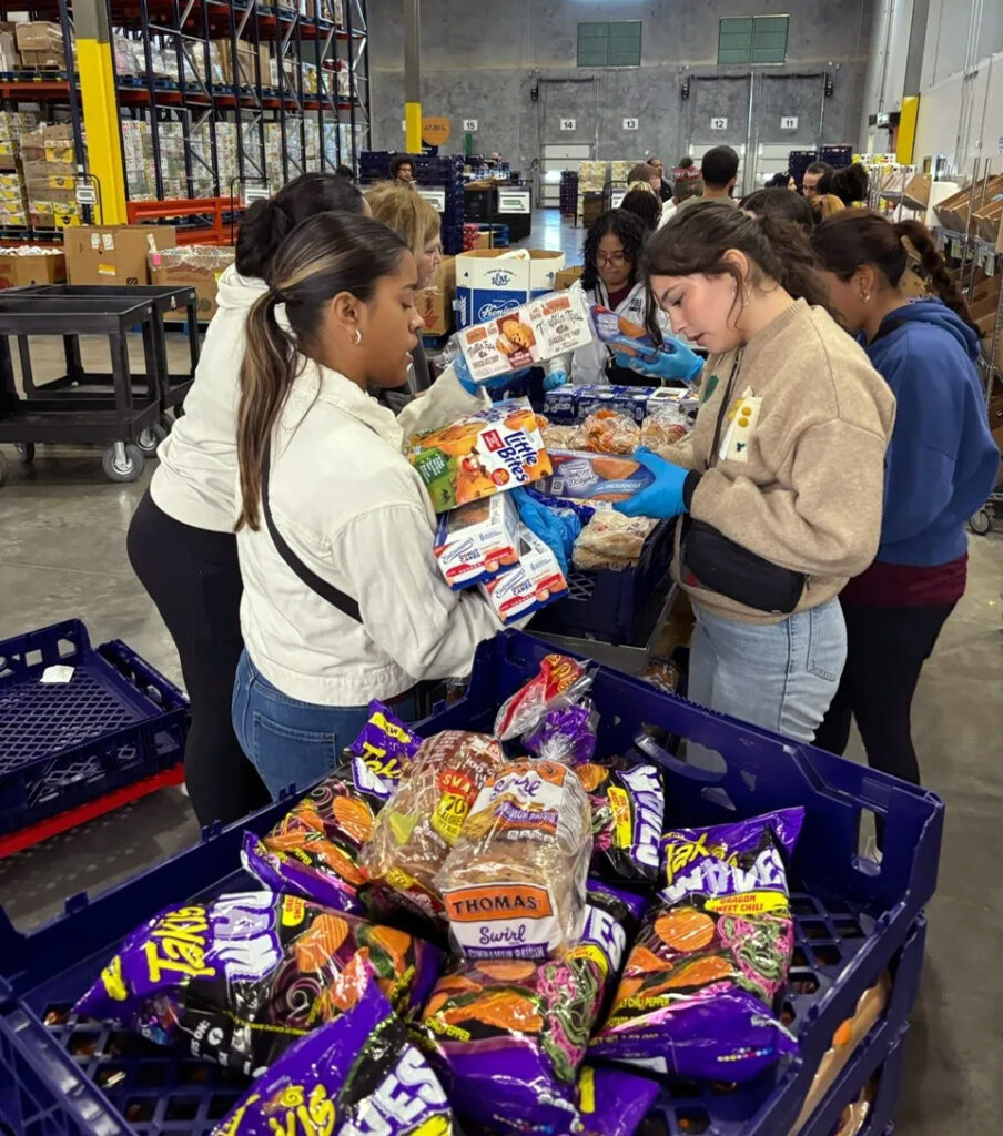 A group of volunteers sort food donations.